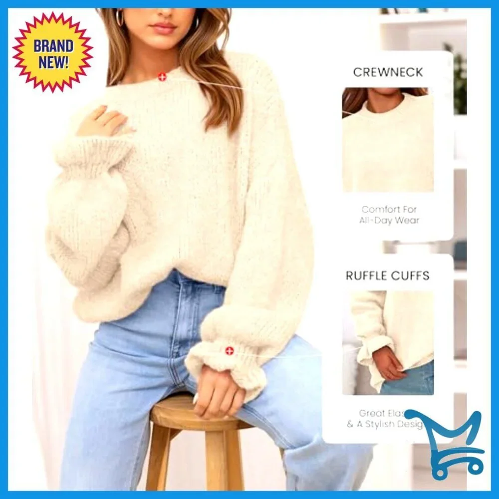 Oversized Knit Pullover Sweater Crewneck Fuzzy Warm Long Sleeve Loose Fit